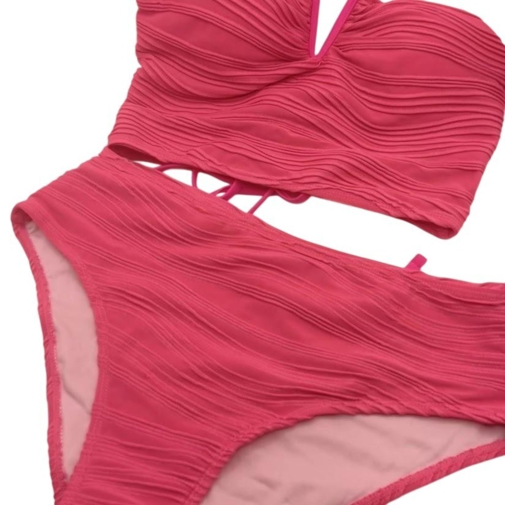Zaful Bikini Womens Medium Pink Textured Bandeau‎ Strapless Lace Up 2 Piece